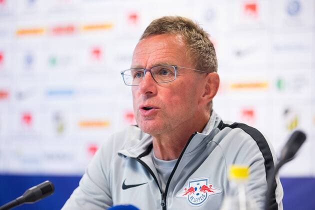 180802 Coach Ralf Rangnick of Leipzig during the press conference PK Pressekonferenz after the UEFA Europa League qualifying match between Häcken and RB Leipzig on August 2, 2018 in Gothenburg. Copyright: MICHAELxERICHSEN BB180802MI059
