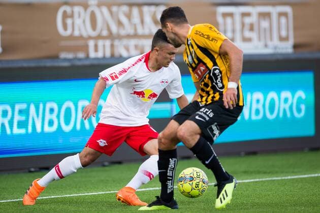 180802 Oliver Bias of Leipzig and Mervan Celik of Häcken during the UEFA Europa League qualifying match between Häcken and RB Leipzig on August 2, 2018 in Gothenburg. Copyright: MICHAELxERICHSEN BB180802MI068