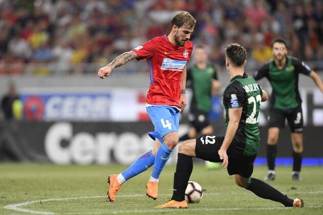 FCSB - NK Rudar Velenje FCSB s Mihai Balasa, left, in action against NK Rudar Velenje s Ivan Vasiljevic during FCSB - NK Rudar Velenje - UEFA Europa League 2018 2019, Second Qualifying Round: 2st leg, National Arena, Bucharest, Romania, 02 August 2018 Copyright: xAlexxNicodimx