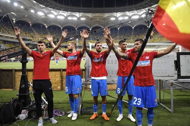 FCSB - NK Rudar Velenje FCSB s Florin Tanase, Bogdan Planic, Mihai Balasa, Dragos Nedelcu and Ovidiu Popescu celebrates with the fans during FCSB - NK Rudar Velenje - UEFA Europa League 2018 2019, Second Qualifying Round: 2st leg, National Arena, Bucharest, Romania, 02 August 2018 Copyright: xAlexxNicodimx