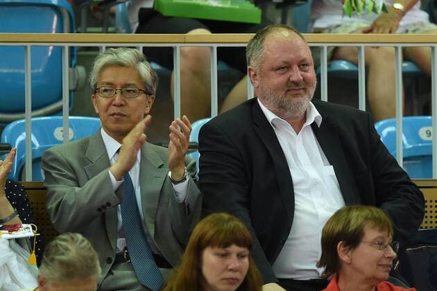 Handball, Herren, Saison 2018 19, Mini-Turniner in der MBS-Arena, Japan - 1. VfL Potsdam, Takeshi Yagi (Außerordentlicher und bevollmächtigter Botschafter von Japan in der Bundesrepublik Deutschland, li.), DHB-Präsident Andreas Michelmann (re.), 03.08.18, Copyright: xMichaelxHundtx xMatthiasxKochx