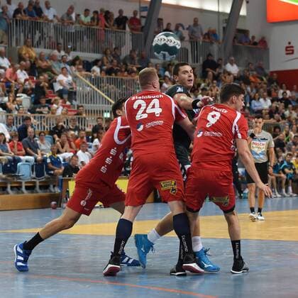 Handball, Herren, Saison 2018 19, Mini-Turniner in der MBS-Arena, 1. VfL Potsdam - Füchse Berlin, Josip Simic (Nr. 5, 1. VfL Potsdam), Dominik Steinbuch (Nr. 24, 1. VfL Potsdam), Mijajlo Marsenic (Nr. 93, Füchse Berlin), Robin Hunt (Nr. 9, 1. VfL Potsdam), 03.08.18, Copyright: xMichaelxHundtx xMatthiasxKochx