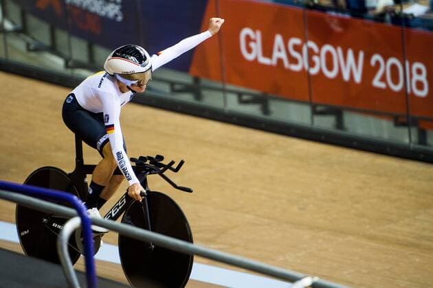 Sport Bilder des Tages 180803 A cyclist of Germany celebrates after the Women s Track cycling Rad Radsport Bahnrad Bahn Team Pursuit Bronze Final during the European Championships on August 3, 2018 in Glasgow. Photo: Jon Olav Nesvold BILDBYRN kod JE 160282 Copyright: JONxOLAVxNESVOLD BB180803JE087
