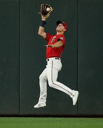 August 3, 2018 - Minneapolis, MN, USA - Minnesota Twins right fielder Max Kepler makes a leaping catch at the warning track against the Kansas City Royals on Friday, Aug. 3, 2018, at Target Field in Minneapolis. Kansas City at Minnesota - ZUMAm67_ 20180803_zaf_m67_027 Copyright: xAlexxKormannx