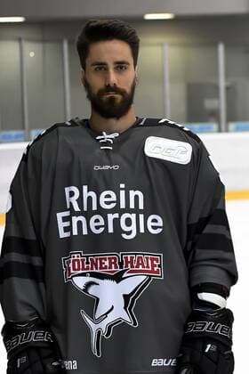 Eishockey DEL Mannschaftsfoto und Spielerportraits Kölner Haie Koelns Morgan Ellis (Nr.5)