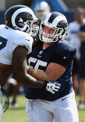 IRVINE, CA - AUGUST 04: Los Angeles Rams center Brian Allen (55) in action during Rams training camp held on August 4, 2018 on the campus of UC Irvine in Irvine, CA. (Photo by John Cordes Icon Sportswire) NFL American Football Herren USA AUG 04 Rams Training Camp Icon506180804020 EDITORIAL USE ONLY