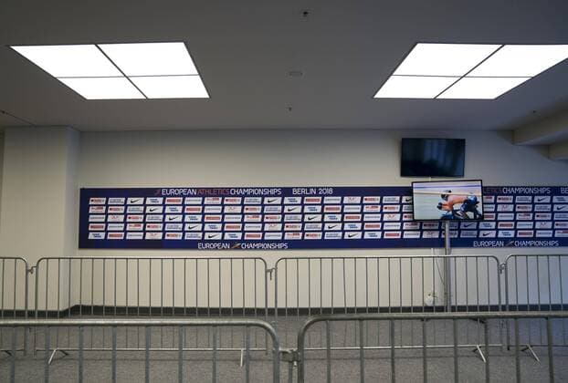 Feature, leere Mixed Zone im Olympiastadion, am 04.08.2018 Leichtathletik Europameisterschaft 2018 in Berlin Deutschland vom 06.08. - 12.08.2018.