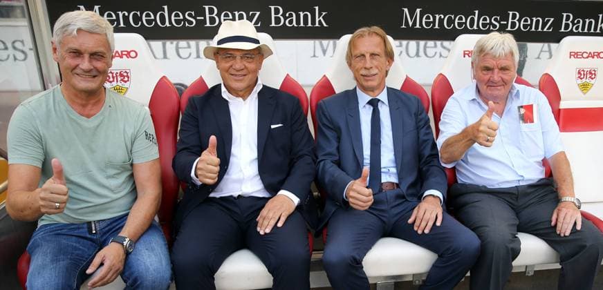 Sport Themen der Woche KW31 Sport Bilder des Tages VfB Stuttgart 125 Jahre Tag des Brustrings Deutschland, Stuttgart, 05.08.2018, Fussball, Bundesliga, Saison 2018 2019, VfB Stuttgart 125 Jahre Tag des Brustrings: v.l. Armin Veh, Felix Magath, Christoph Daum, Jürgen Sundermann. *** VfB Stuttgart 125th Anniversary of Brustring Germany Stuttgart 05 08 2018 Football Bundesliga Season 2018 2019 VfB Stuttgart 125th anniversary of Brustring v l Armin Veh Felix Magath Christoph Daum Jürgen Sundermann