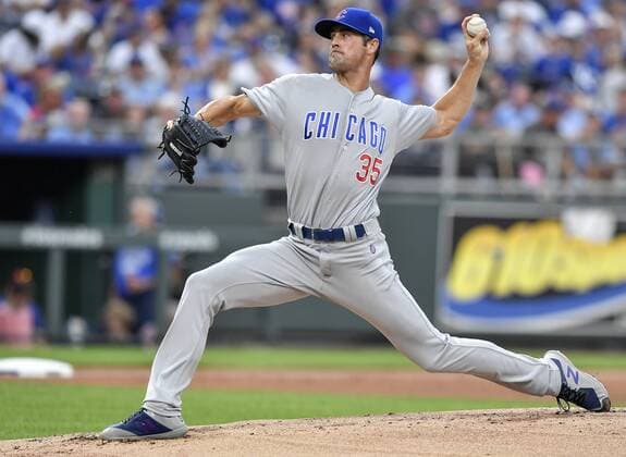 August 6, 2018 - Kansas City, MO, USA - Chicago Cubs starting pitcher Cole Hamels pitches in the first inning during Monday s baseball game against the Chicago Cubs on August 6, 2018 at Kauffman Stadium in Kansas City, Mo. Royals vs Cubs - ZUMAm67_ 20180806_zaf_m67_017 Copyright: xJohnxSleezerx