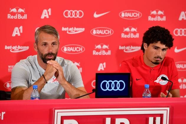 SOCCER - CL, RBS vs Shkendjia SALZBURG,AUSTRIA,07.AUG.18 - SOCCER - UEFA Champions League, qualification, Red Bull Salzburg vs KF Shkendjia, preview, press conference PK Pressekonferenz RBS. Image shows head coach Marco Rose and Andre Ramalho (RBS). GEPAxpictures xFlorianxErtl