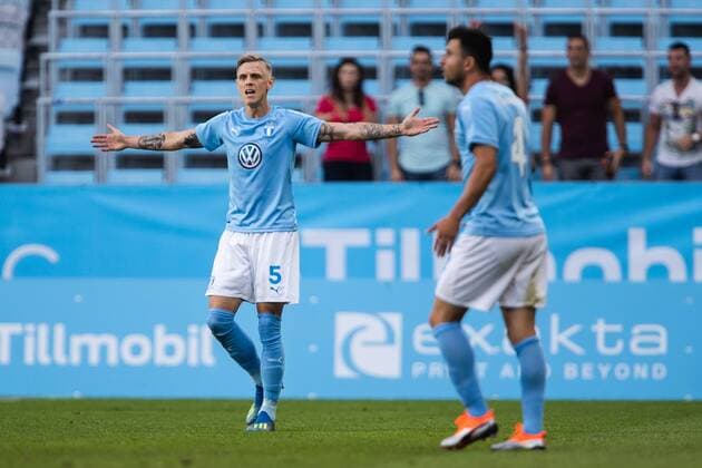 180807 Sören Rieks of Malmö FF reacts against the referee during the UEFA Champions League qualifying match between Malmö FF and Vidi on August 7, 2018 in Malmö. Photo: Mathilda Ahlberg BILDBYRAN Cop 178 Copyright: MATHILDAxAHLBERG BB180807MA013