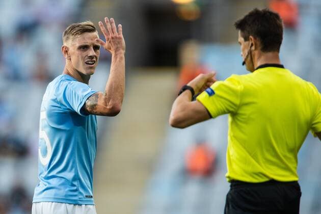 180807 Sören Rieks of Malmö FF reacts against the referee during the UEFA Champions League qualifying match between Malmö FF and Vidi on August 7, 2018 in Malmö. Photo: Mathilda Ahlberg BILDBYRAN Cop 178 Copyright: MATHILDAxAHLBERG BB180807MA015