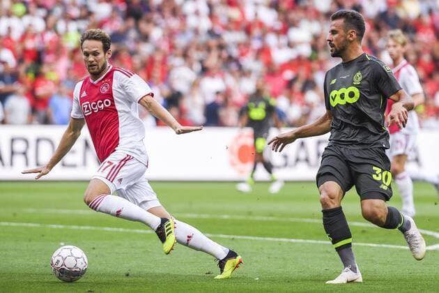 Ajax Daley Blind and Standard s Orlando Sa fight for the ball during the soccer match between Belgian Standard de Liege and Dutch AFC Ajax Amsterdam, Tuesday 07 August 2018 in Liege. This is the first leg of the third qualifying round of the UEFA Champions League. LAURIExDIEFFEMBACQ  x05400340x