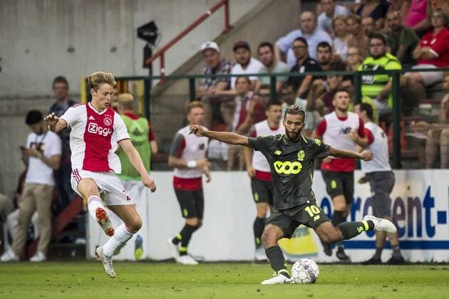 LIEGE, Standard Luik - Ajax, 7-8-2018, football, season 2018-2019, third round qualification match for Champions League, Maurice Dufrasne stadium, Standard Liege player Mehdi Carcela (R), Ajax player Frenkie de Jong (L) Standard Luik - Ajax  x2382434x