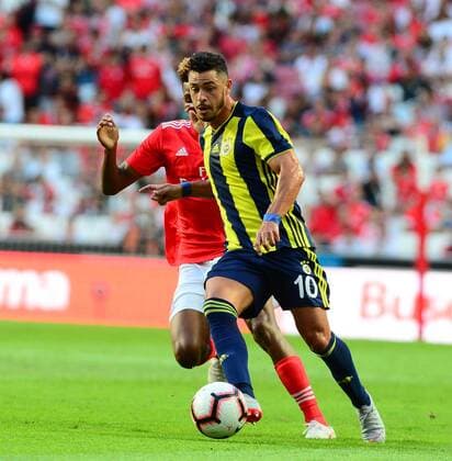 Gedson Fernandes of Benfica and Giuliano 10 of Fenerbahce during the Champions League Qualifying 3rd Round first leg match between Benfica and Fenerbahce at Estadio da Luz Stadium in Lisbon , Portugal on August 07 , 2018. 