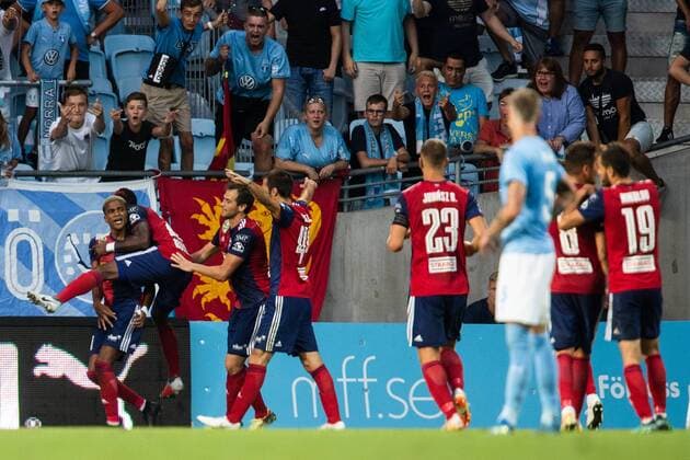 180807 LoÃ¯c Nego of Vidi celebrate with team mates after scoring 1-1 during the UEFA Champions League qualifying match between Malmö FF and Vidi on August 7, 2018 in Malmö. Photo: Mathilda Ahlberg BILDBYRAN Cop 178 Copyright: MATHILDAxAHLBERG BB180807MA090