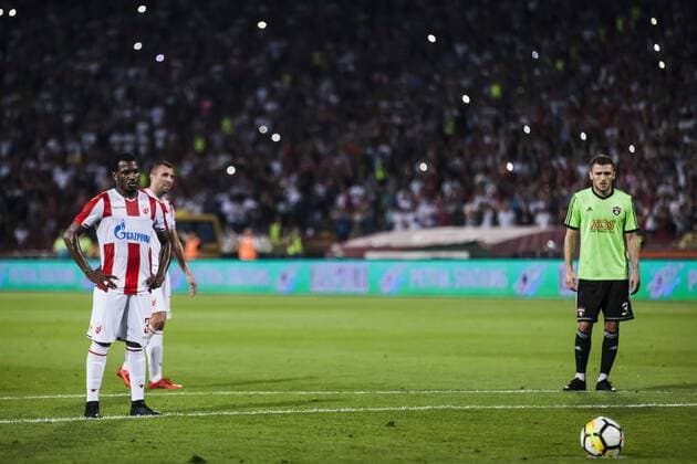 7th August 2018, Rajko Mitic Stadium, Belgrade, Serbia; UEFA Champions League football, third qualifying round, 1st leg, Red Star Belgrade versus Spartak Trnava; El Fardou Ben Nabouhane of Red Star Belgrade prepares to take a penalty  ActionPlus12053871 NikolaxKrstic