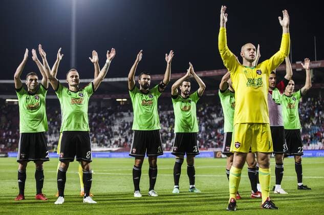 7th August 2018, Rajko Mitic Stadium, Belgrade, Serbia; UEFA Champions League football, third qualifying round, 1st leg, Red Star Belgrade versus Spartak Trnava; The players of Spartak Trnava thank their fans  ActionPlus12053873 NikolaxKrstic