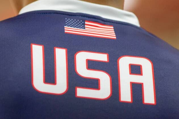 Fahne der Vereinigten Staaten von Amerika und der Schriftzug USA auf dem Rücken des Trikos eines Handball Nationalspielers der USA Bergischer HC vs. Team USA, Handball HBL, Testspiel, 07.08.18 Solingen NRW Deutschland Klingenhalle