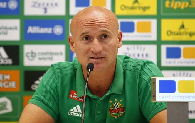 SOCCER - UEFA EL quali, Slovan vs Rapid VIENNA,AUSTRIA,08.AUG.18 - SOCCER - UEFA Europa League qualification, Slovan Bratislava vs SK Rapid Wien, preview, press conference PK Pressekonferenz Rapid. Image shows head coach Goran Djuricin (Rapid). Keywords: Wien Energie. GEPAxpictures xCh.xKelemen