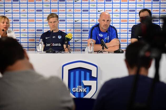 GENK, BELGIUM - AUGUST 8 : Philippe Clement head coach of KRC Genk and Jere Uronen Juhani defender of KRC Genk talking to the press during a press conference PK Pressekonferenz prior to the UEFA Europa League, Third qualifying round , 1st leg between KRC Genk and KKS Lech Poznan at the Luminus Arena on August 08, 2018 in Genk, Belgium, 8 08 2018 FOOTBALL : Conference De Presse KRC Genk - 08 08 2018 PhotoNews Panoramic 