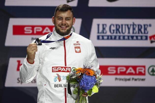 European Athletics Championships; Berlin, 08.08.2018 Silber im Kugelstossen fuer Konrad Bukowiecki (POL); European Athletics Championships am 08.08.18 im Olympiastadion in Berlin (Deutschland).