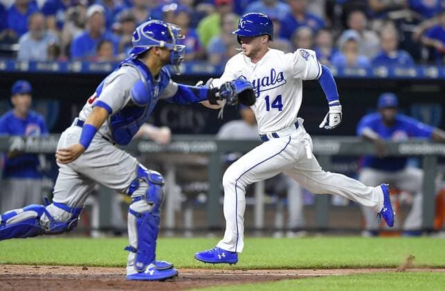 August 8, 2018 - Kansas City, MO, USA - The Kansas City Royals Brett Phillips scores past Chicago Cubs catcher Willson Contreras on a sacrifice fly by Drew Butera in the eighth inning on Wednesday, Aug. 8, 2018, at Kauffman Stadium in Kansas City, Mo. The Royals won, 9-0. Chicago Cubs at Kansas City - ZUMAm67_ 20180808_zaf_m67_035 Copyright: xJohnxSleezerx