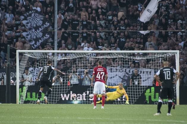August 8, 2018 - Thessaloniki, Greece - PAOK FC Player Aleksandar Prijovic scores a goal from the penalty spot during a match between PAOK FC and Spartak Moscow FC. PAOK FC beat FC Spartak Moscow for the third qualifying round of the UEFA Champions League, at the northern Greek city of Thessaloniki. Greece Soccer Champions League - ZUMAp191 84906033st Copyright: xGiannisxPapanikosx