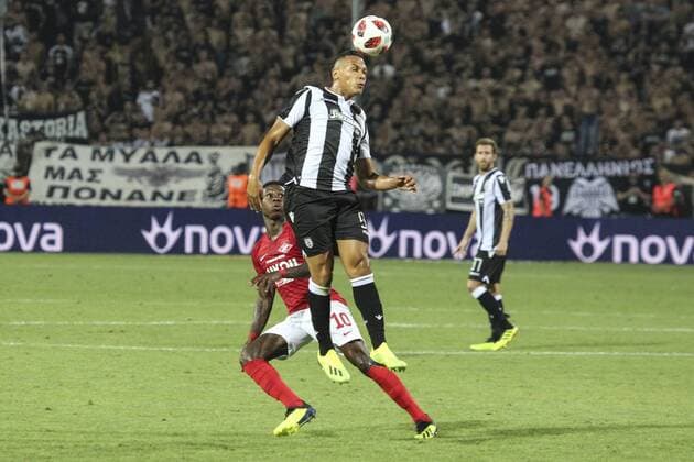 August 8, 2018 - Thessaloniki, Greece - Leo Jaba seen jumping for the ball..PAOK vs Spartak Moscow for Champions League third qualifying round. PAOK defeated Spartak from Moscow in Toumba Stadium in Thessaloniki, Greece with score 3-2. PAOK vs Spartak in Toumba Stadium, Greece - 08 Aug 2018 - ZUMAs197 84906277st Copyright: xNicolasxEconomoux