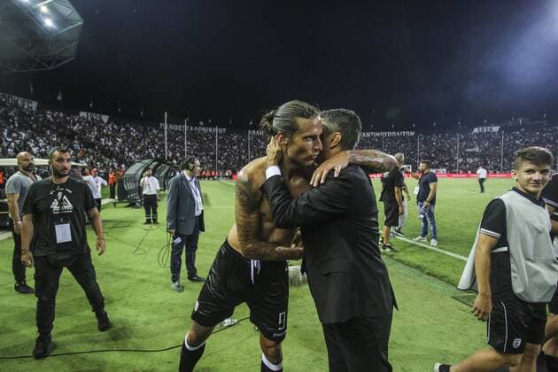 August 8, 2018 - Thessaloniki, Greece - Razvan Lucescu and Alexander Prijovic seen hugging after the game.PAOK vs Spartak Moscow for Champions League third qualifying round. PAOK defeated Spartak from Moscow in Toumba Stadium in Thessaloniki, Greece with score 3-2. PAOK vs Spartak in Toumba Stadium, Greece - 08 Aug 2018 - ZUMAs197 84906282st Copyright: xNicolasxEconomoux
