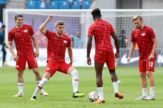 09.08.2018, xtgx, Fussball Europa League 3. Qualirunde, RB Leipzig - CS Universitatea Craiova emspor, v.l. Timo Werner (Leipzig, 11) im aufwärmspiel Leipzig