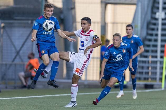 ZILINA, Slovakia, 09-08-2018, football, Europa League, season 2018 2019, Feyenoord player Dylan Vente (L), Trencin player Aschraf El Mahdioui, during the match Trencin - Feyenoord Trencin - Feyenoord  x2386304x