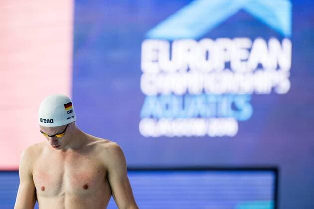 180809 Johannes Hintze of Germany ahead of the final of men s 400 meter individual medley swimming during the European Championships on August 9, 2018 in Glasgow. Photo: Jon Olav Nesvold BILDBYRAN kod JE 160291 Copyright: JONxOLAVxNESVOLD BB180809JE034