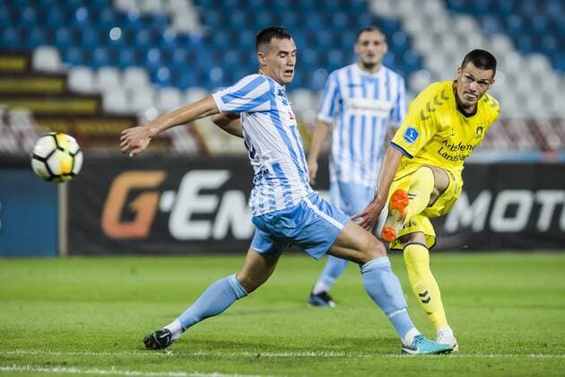 9th August 2018, Red Star Stadium, Belgrade, Serbia; Europa League football third qualifying round, 1st leg, Spartak Subotica versus Brondby; Stefan Milosevic of Spartak Subotica tries to block the goalbound shot from Ante Erceg of Brondby  ActionPlus12054200 NikolaxKrstic