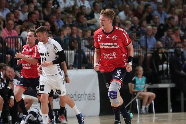 SG Flensburg Handewitt vs THW Kiel, Handball, Testspiel, 09.08.18 Simon Jeppsson (SG Flensburg-Handewitt, 17) freut sich ueber sein Tor