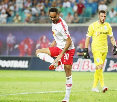 RB Leipzig - Craiova Fussball Euro League Quali Leipzig, 09.08.2018, Red Bull Arena, Fussball, UEFA EURO EM Europameisterschaft Fussball League , Qualifikation, 3.Runde, Hinspiel, RB Leipzig vs. CF Universitatea Craiova , Im Bild; Tor für RB Leipzig. YMatheus Cunha (20, RB Leipzig) erzielt den Treffer zum 2:0 und jubelt. ,