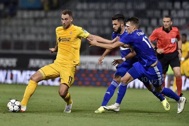 L-R Marton Eppel (Kairat), Jakub Yunis and Jan Sterba (both Sigma) in action during a match of 3rd qualifying round of UEFA Europa League between SK Sigma Olomouc and FC Kairat, 1st leg, in Olomouc, Czech Republic, on August 9, 2018. (CTKxPhoto JaroslavxOzana) CTKPhotoP201808091001001  JAO 09
