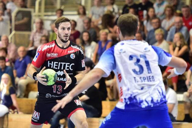 10.08.2018 - Handball - 1. Bundesliga DKB HBL - Saison 2018 2019 - Testspiel - Freundschaftsspiel : HC Erlangen HCE - TV Großwallstadt - OGo - Michael Haaß Haass (13, HC Erlangen HCE ) Tom Spieß (31, TV Großwallstadt)