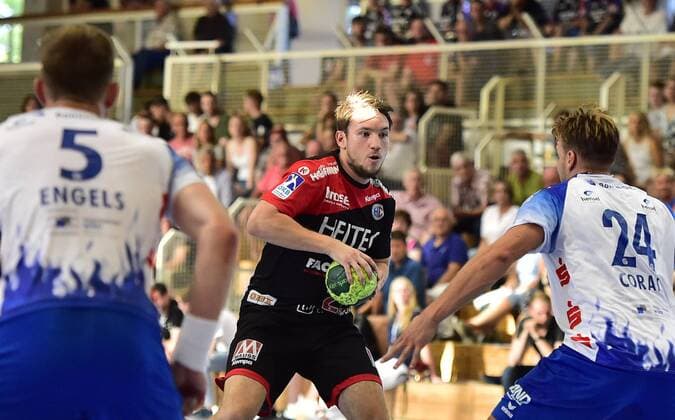 10.08.2018 - Handball - 1. Bundesliga DKB HBL - Saison 2018 2019 - Testspiel - Freundschaftsspiel : HC Erlangen HCE - TV Großwallstadt - OGo - Marcel Engels (5, TV Großwallstadt) Dominik Mappes (22, HC Erlangen HCE ) Dino Corak (24, TV Großwallstadt)