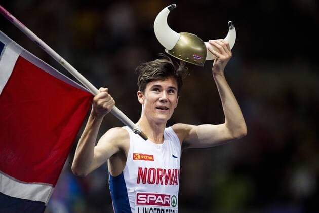 Sport Bilder des Tages 180810 Jakob Ingebrigtsen of Norway celebrates after the 1500 meter final during the European Athletics Championships on August 10, 2018 in Berlin. Photo: Vegard Wivestad Gr¿tt BILDBYRN kod VG 170201 Copyright: VEGARDxWIVESTADxGR¯TT BB180810BB742