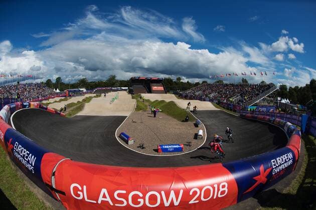 180810 General view of athletes competing in the qualifications of BMX cycling during the European Championships on August 10, 2018 in Glasgow. Photo: Joel Marklund BILDBYRN kod JM 87773 Copyright: JOELxMARKLUND BB180810JM038