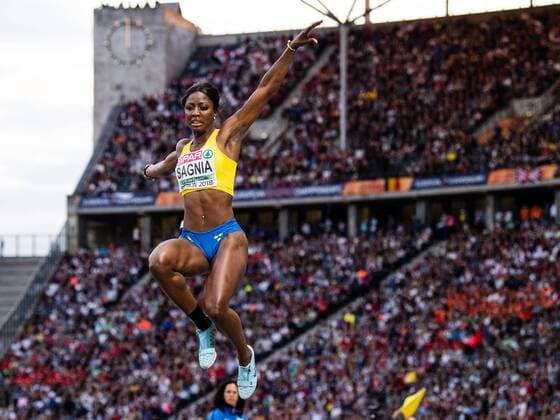 180811 Khaddi Sagnia of Sweden competes in the women?s long jump final during the European Athletics Championships on August 11, 2018 in Berlin. Photo: Vegard Wivestad Grott BILDBYRAN kod VG 170204 Copyright: VEGARDxWIVESTADxGRoTT BB180811ZE008