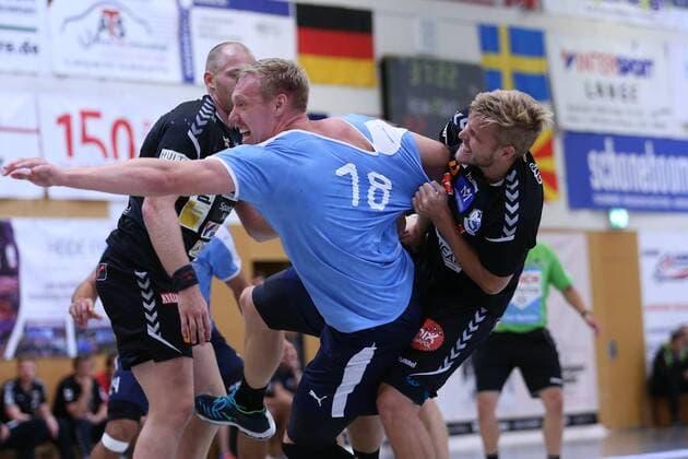 MHB - Montpellier vs. IFK Kristianstad, Handball, Internationaler Heide-Cup 2018, 11.08.18 Frederik Pettersson (Nr.18, MHB - Montpellier Handball) gegen Anton Halen (Nr.31, IFK Kristianstad)