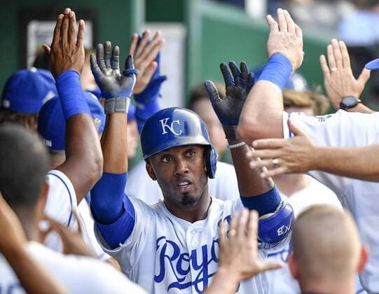 August 11, 2018 - Kansas City, MO, USA - The Kansas City Royals Alcides Escobar is congratulated after hitting a two-run home run in the fifth inning against the St. Louis Cardinals on Saturday, Aug. 11, 2018, at Kauffman Stadium in Kansas City, Mo. St. Louis at Kansas City - ZUMAm67_ 20180811_zaf_m67_029 Copyright: xJohnxSleezerx