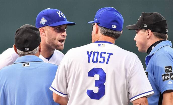 August 11, 2018 - Kansas City, MO, USA - Kansas City Royals starting pitcher Danny Duffy yells at first base umpire Adam Hamari, right, after Duffy gave up a two-run home run to St. Louis Cardinals Harrison Bader in the sixth inning on Saturday, Aug. 11, 2018, at Kauffman Stadium in Kansas City, Mo. Hamari had called the pitch before a checked swing by Bader. ( Kansas City Star TNS)..during Saturday s baseball game on August 11, 2018 at Kauffman Stadium in Kansas City, Mo. St. Louis at Kansas City - ZUMAm67_ 20180811_zaf_m67_033 Copyright: xJohnxSleezerx