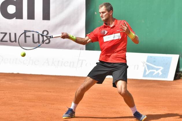 12.08.2018, GER, Allpresan Rochusclub BL-Team vs. Badwerk Gladbacher HTC 12.08.2018, GER, Allpresan Rochusclub BL-Team vs. Badwerk Gladbacher HTC, im Bild: Nedovyesov, Aleksandr KAZ beim Vorhandschlag