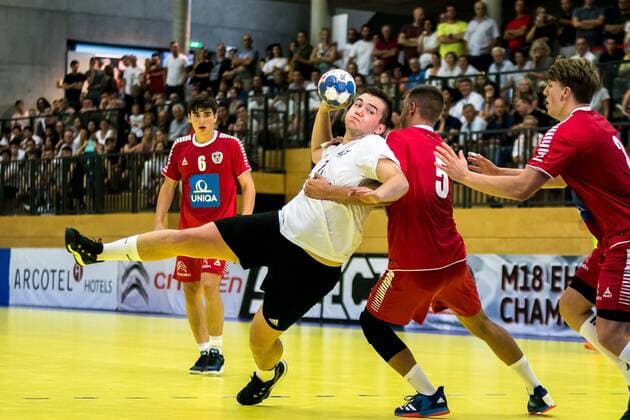 11.08.2018, Josef Welser Sporthalle, Tulln an der Donau, AUT, EHF, M18 Championship 2018, Oesterreich vs Lettland, im Bild Antons Suleiko (LAT) during the EHF M18 Championship 2018 Match between Austria and Latvia Slovakia at the Josef Welser Sporthalle, Tulln on the Danube, Austria on 2018 08 11. Tulln an der Donau