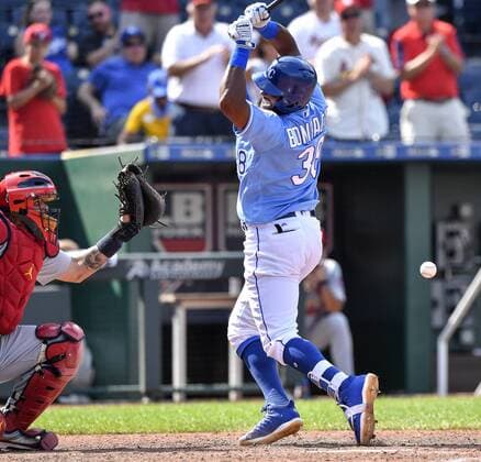 August 12, 2018 - Kansas City, MO, USA - Kansas City Royals Jorge Bonifacio is hit by a pitch from St. Louis Cardinals relief pitcher Tyler Webb in the ninth inning on Sunday, Aug. 12, 2018 at Kauffman Stadium in Kansas City, Mo. St. Louis Cardinals vs. Kansas City Royals - ZUMAm67_ 20180812_zaf_m67_054 Copyright: xJohnxSleezerx