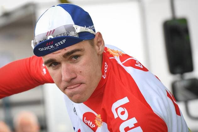 Dutch Fabio Jakobsen of Quick-Step Floors celebrates on the podium after winning the first stage of the Binkcbank Tour cycling race, 177,3km km from Heerenveen to Bolsward, Monday 13 August 2018. DAVIDxSTOCKMAN  x05405105x