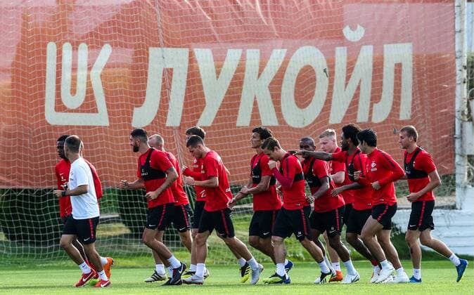MOSCOW REGION, RUSSIA - AUGUST 13, 2018: FC Spartak Moscow s players during a training session at a training base in the village of Tarasovka ahead of a UEFA Champions League qualifying round match against FC PAOK Thessaloniki scheduled for August 14, 2018. Stanislav Krasilnikov TASS  TS08CA35